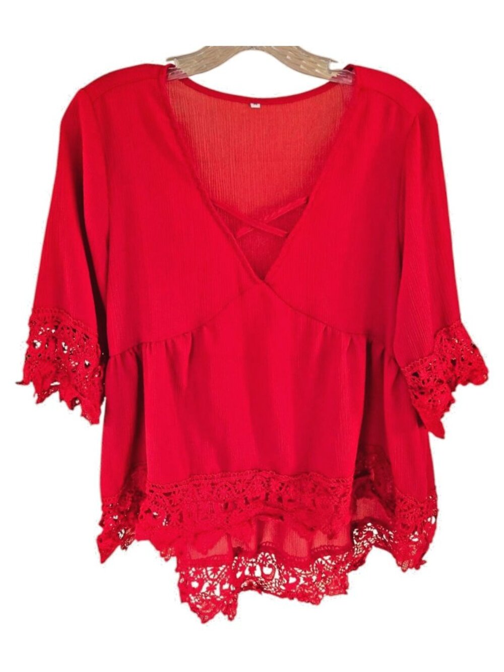 Shein Red Lace Hem Crinkle Blouse With 3/4 Sleeves & Crisscross V-Neckline